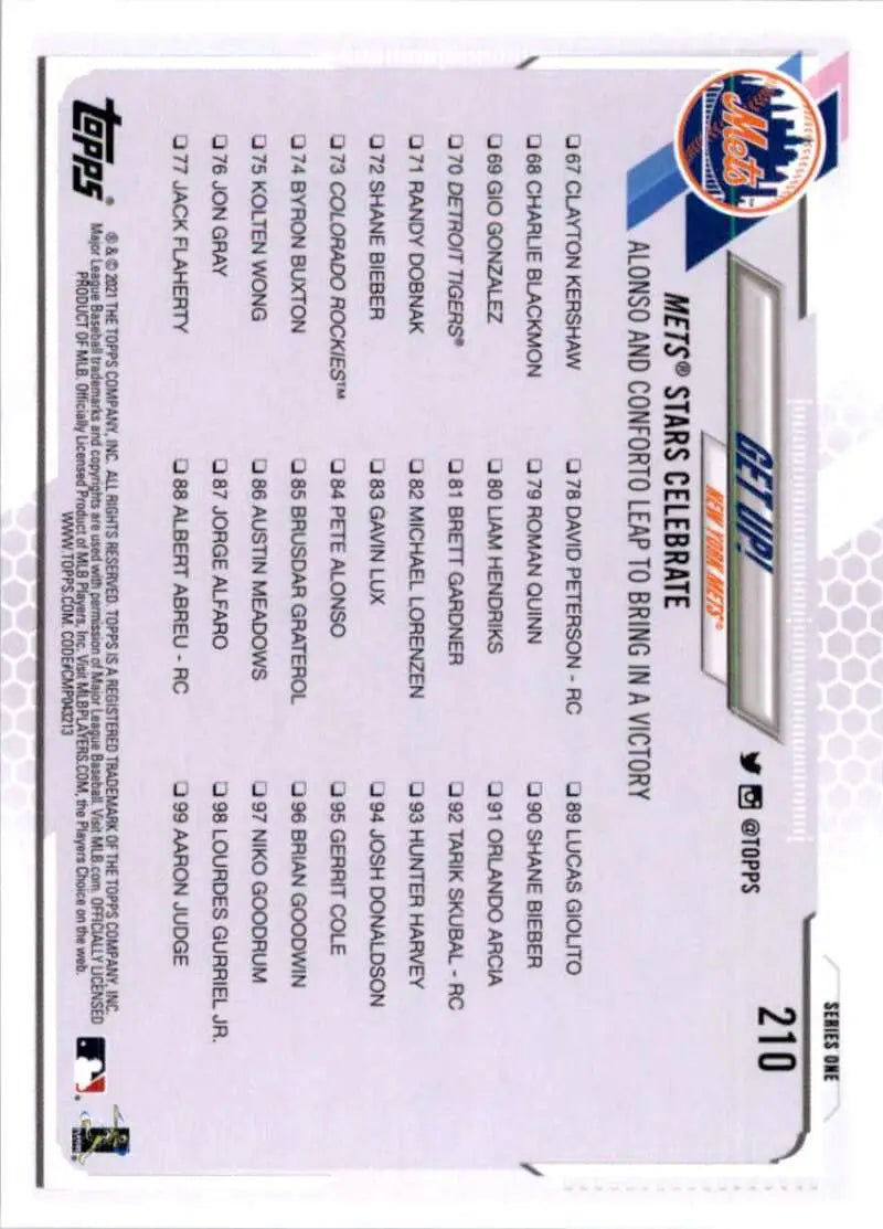 2021 Topps #210 Get Up! NM-MT New York Mets Baseball Card - Baseball Card Single