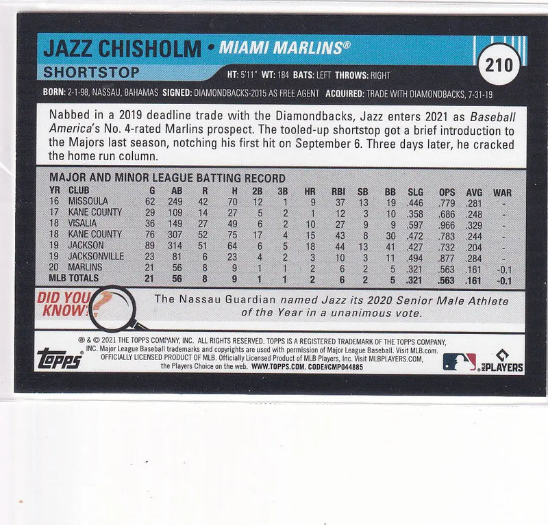 2021 TOPPS #210 JAZZ CHISHOLM- MIAMI MARLINS - Baseball Card Single