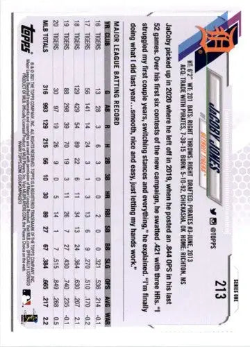 Baseball card of Jacoby Jones NM-MT from 2021 Topps #213 Tigers with original gloss