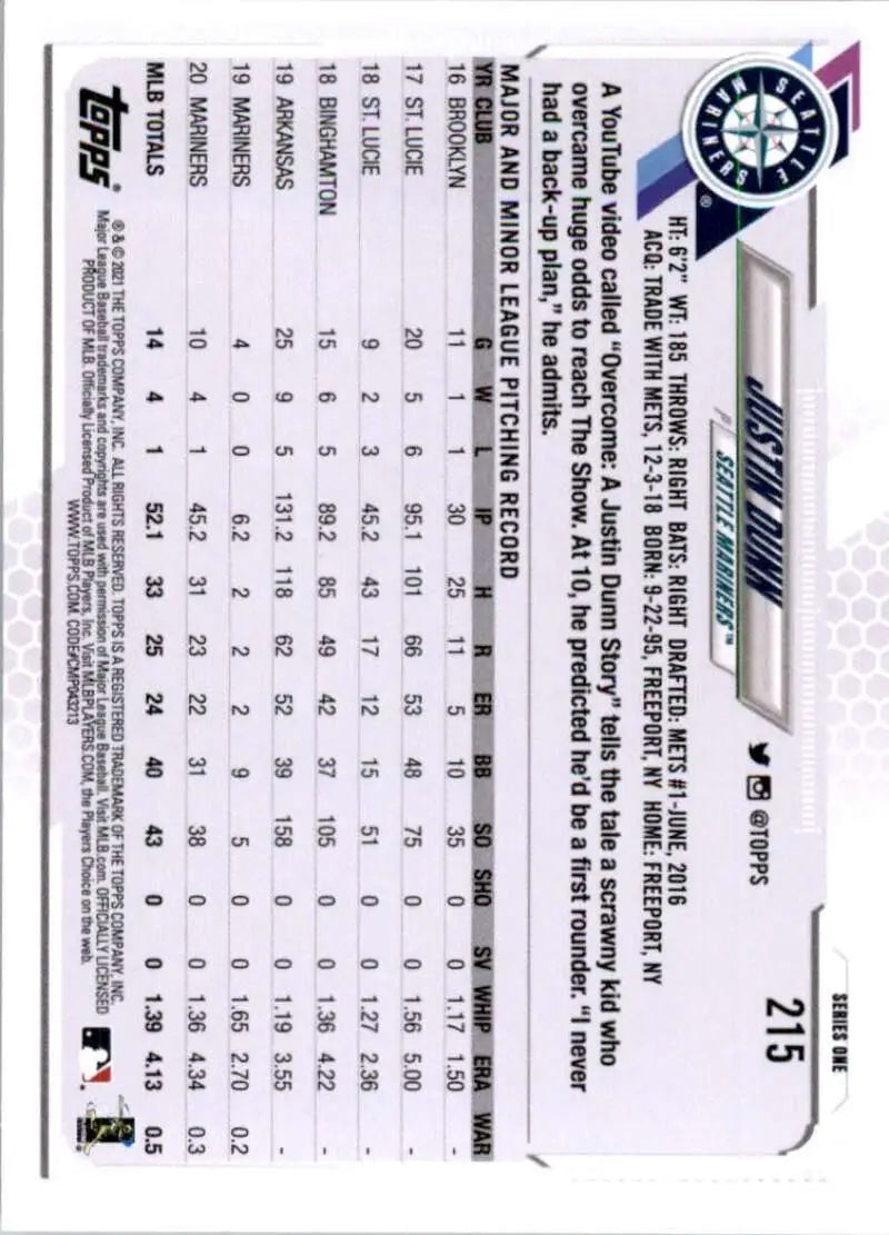 2021 Topps #215 Justin Dunn NM-MT Seattle Mariners Baseball Card - Baseball Card Single