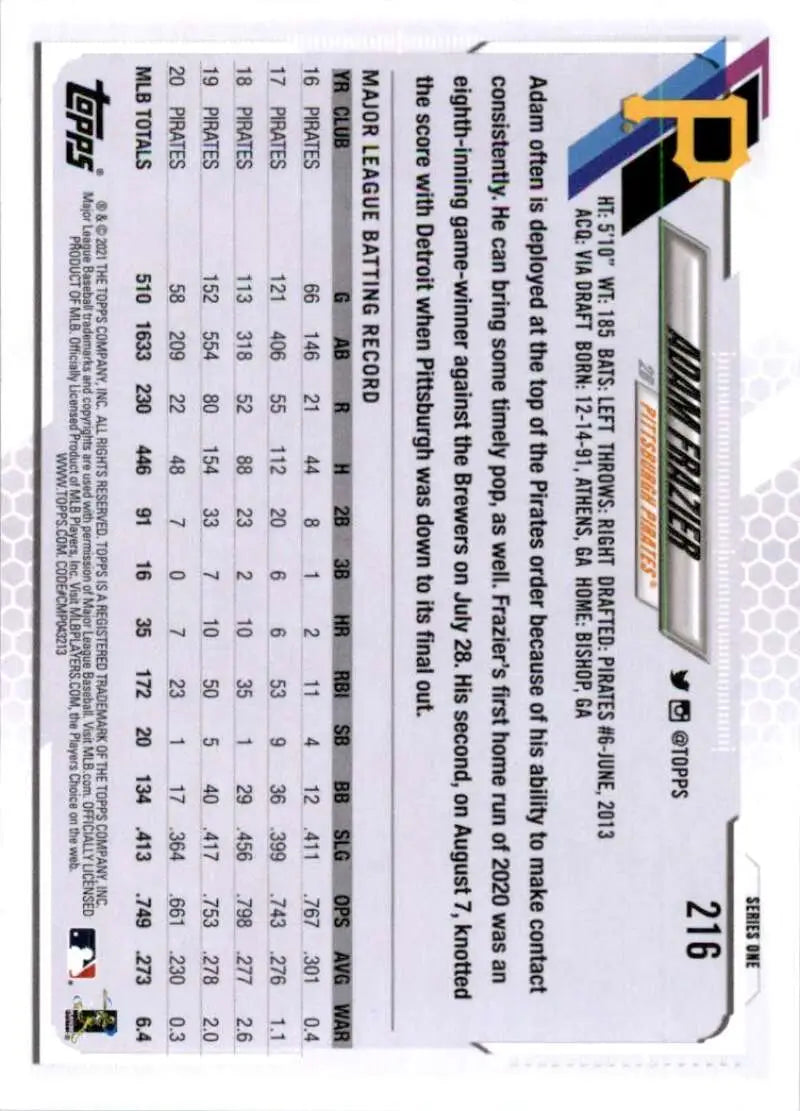 2021 Topps #216 Adam Frazier NM-MT Pittsburgh Pirates Baseball Card - Baseball Card Single