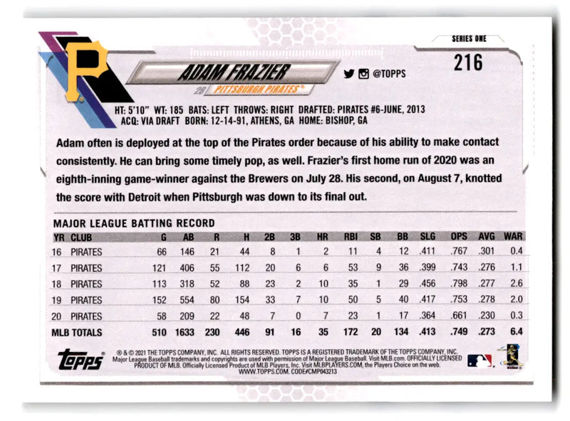 2021 Topps - #216 Adam Frazier Pirates - Baseball Card Single