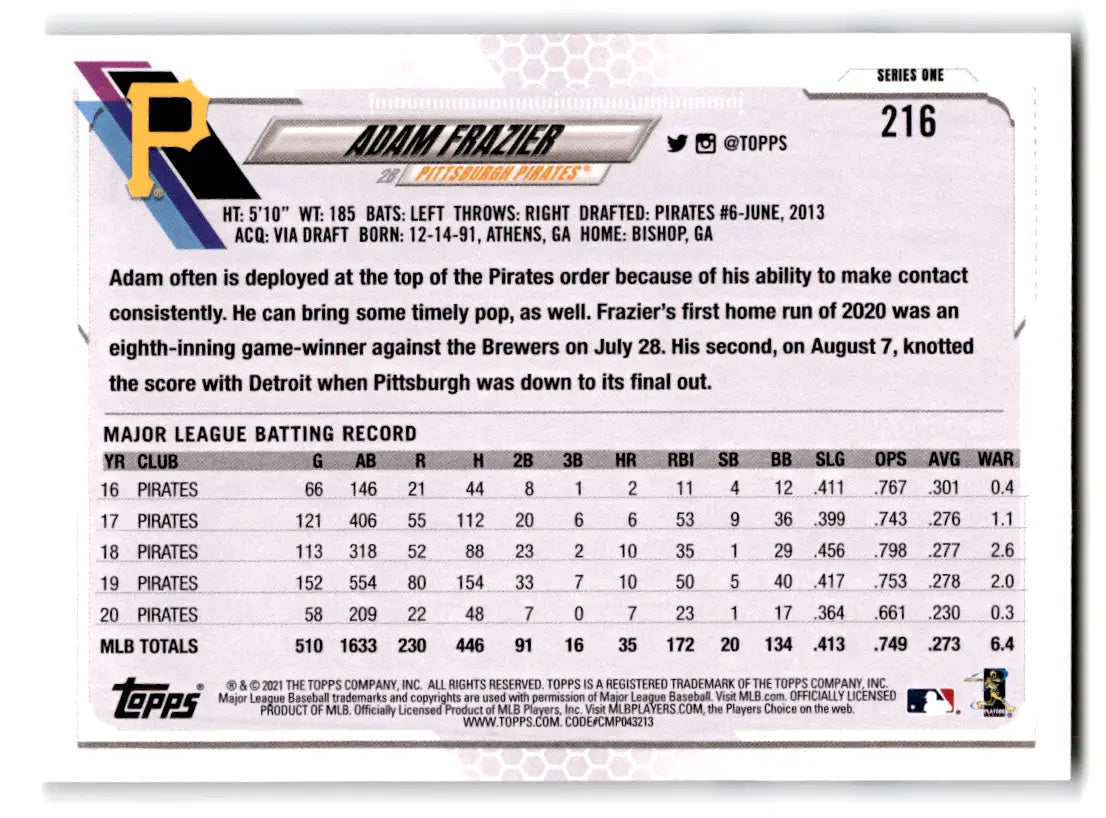 2021 Topps - #216 Adam Frazier Pirates - Baseball Card Single