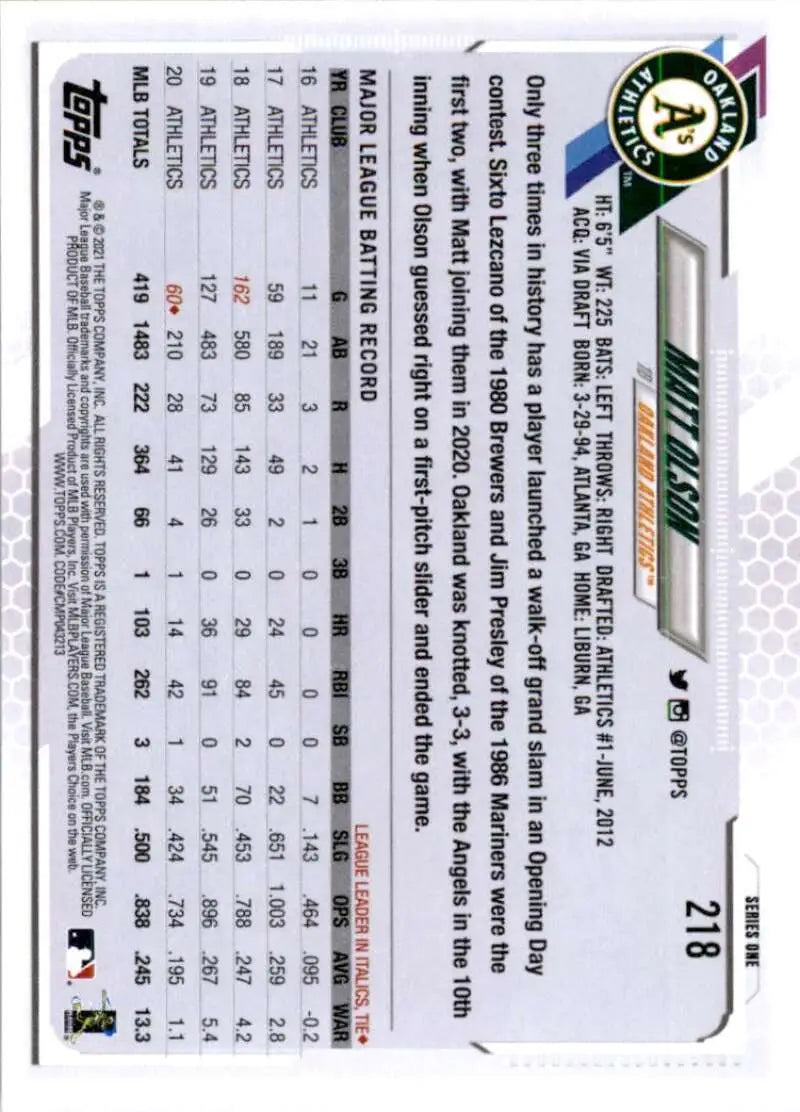 2021 Topps #218 Matt Olson NM-MT Oakland Athletics Baseball Card - Baseball Card Single