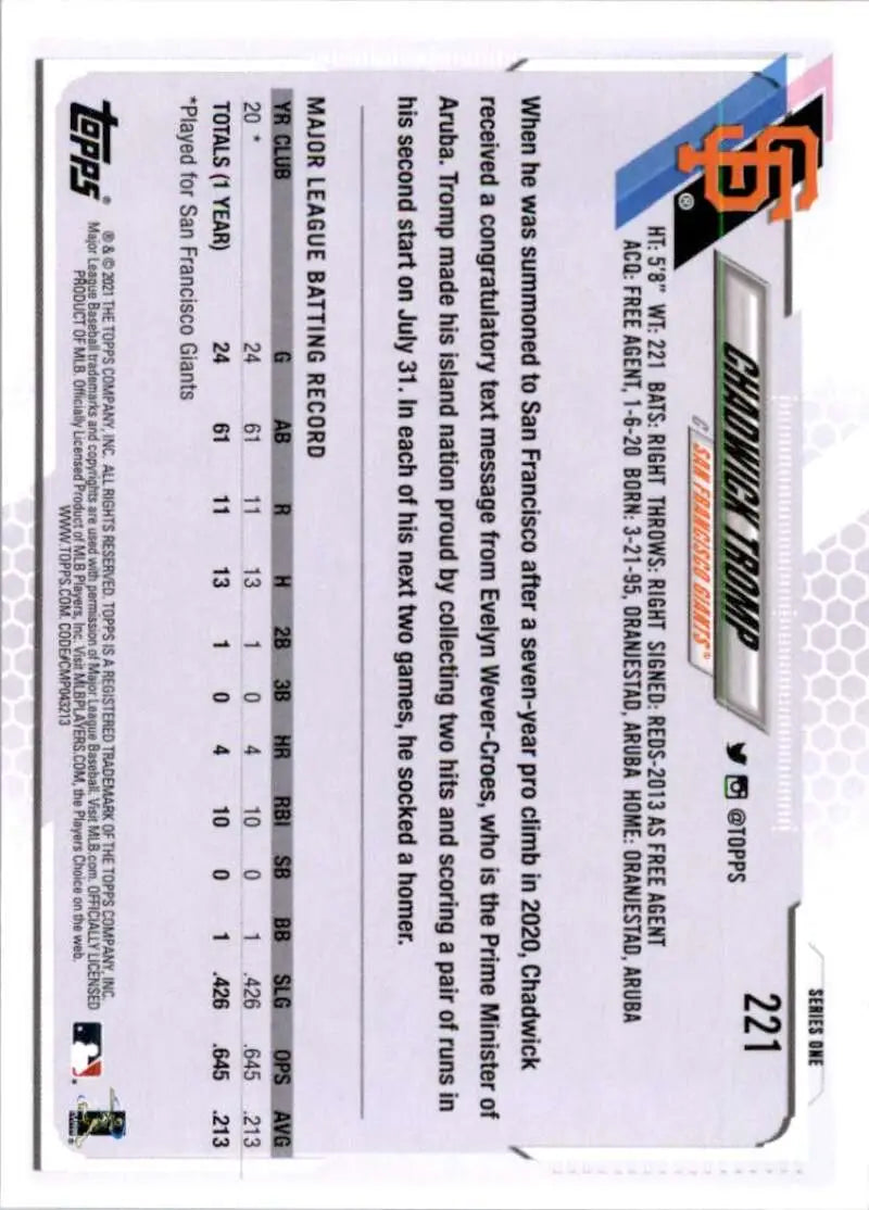 2021 Topps #221 Chadwick Tromp NM-MT RC Rookie San Francisco Giants Baseball Card - Baseball Card Single