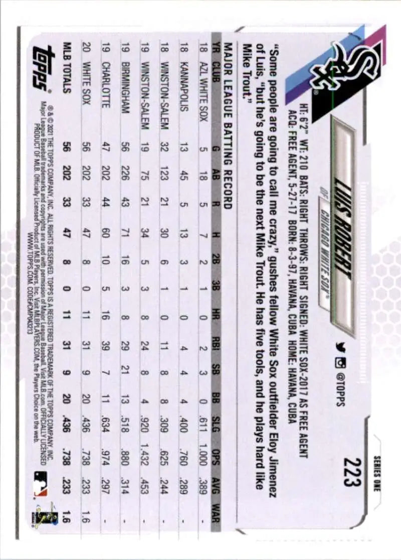 2021 Topps #223 Luis Robert NM-MT Chicago White Sox Baseball Card - Baseball Card Single