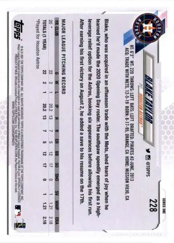 Back of 2021 Topps Blake Taylor rookie card with player stats and biographical info