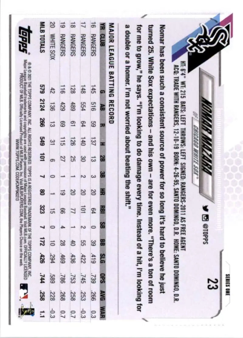2021 Topps #23 Nomar Mazara NM-MT Chicago White Sox Baseball Card - Baseball Card Single