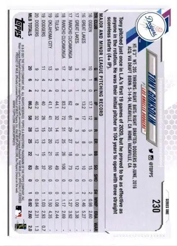 Tony Gonsolin baseball card 2021 Topps Original Gloss NM-MT Dodgers ID 34390