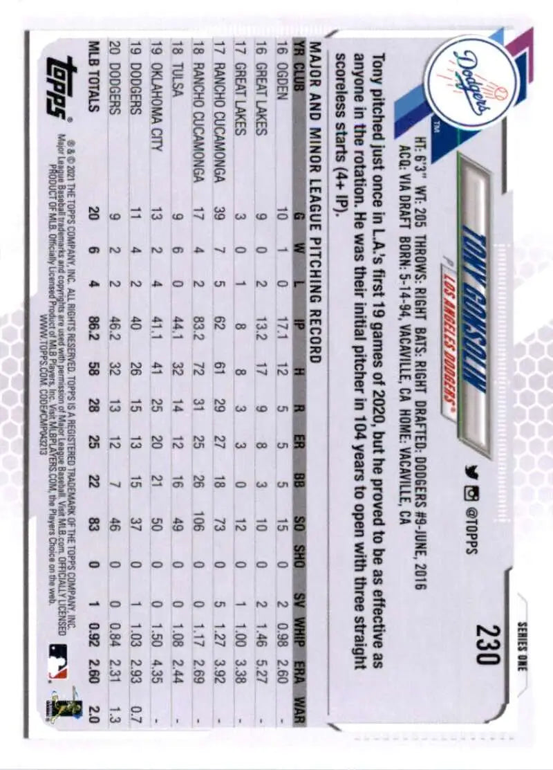 2021 Topps #230 Tony Gonsolin NM-MT Los Angeles Dodgers Baseball Card - Baseball Card Single