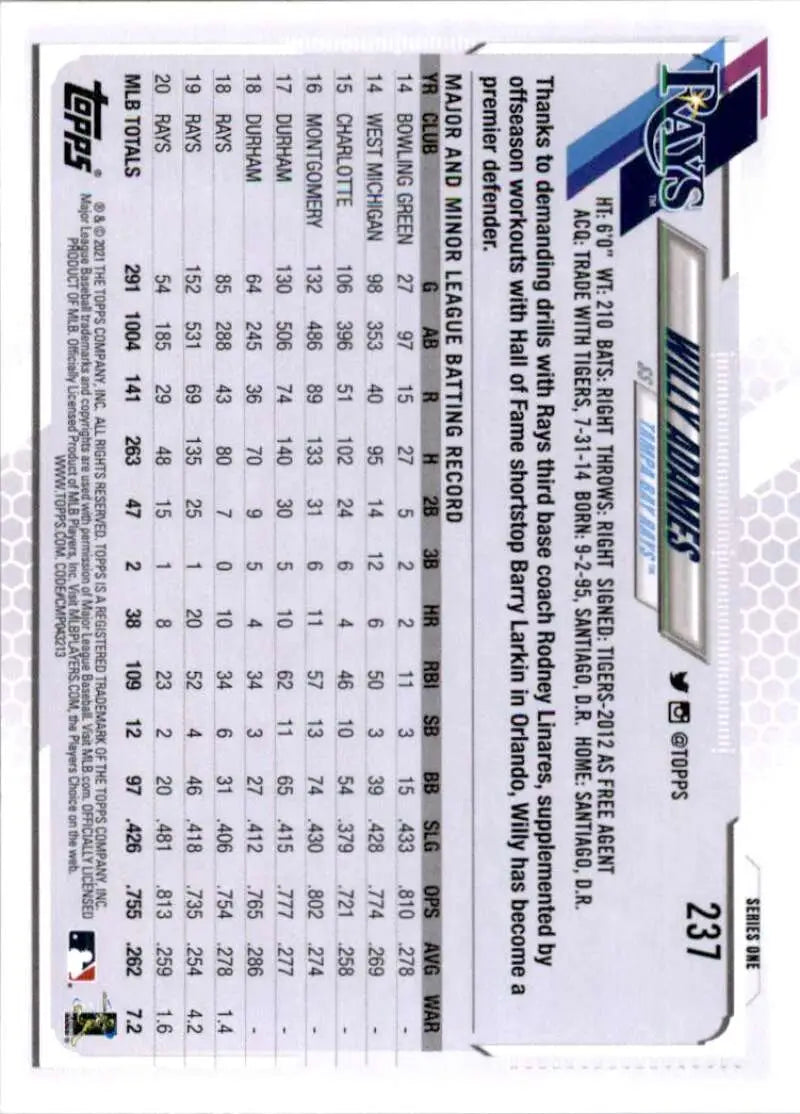 2021 Topps #237 Willy Adames NM-MT Tampa Bay Rays Baseball Card - Baseball Card Single