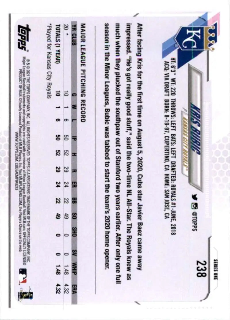 2021 Topps #238 Kris Bubic NM-MT RC Rookie Kansas City Royals Baseball Card - Baseball Card Single