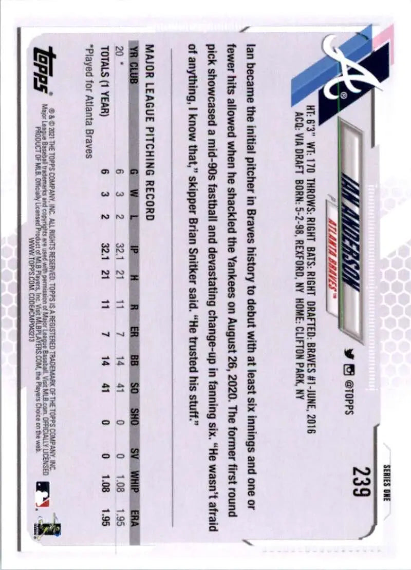 2021 Topps #239 Ian Anderson NM-MT RC Rookie Atlanta Braves Baseball Card - Baseball Card Single