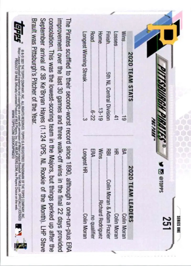 2021 Topps #251 Pittsburgh Pirates NM-MT Baseball Card - Baseball Card Single