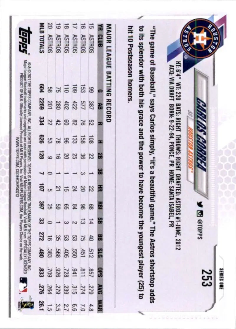 2021 Topps #253 Carlos Correa NM-MT Houston Astros Baseball Card - Baseball Card Single