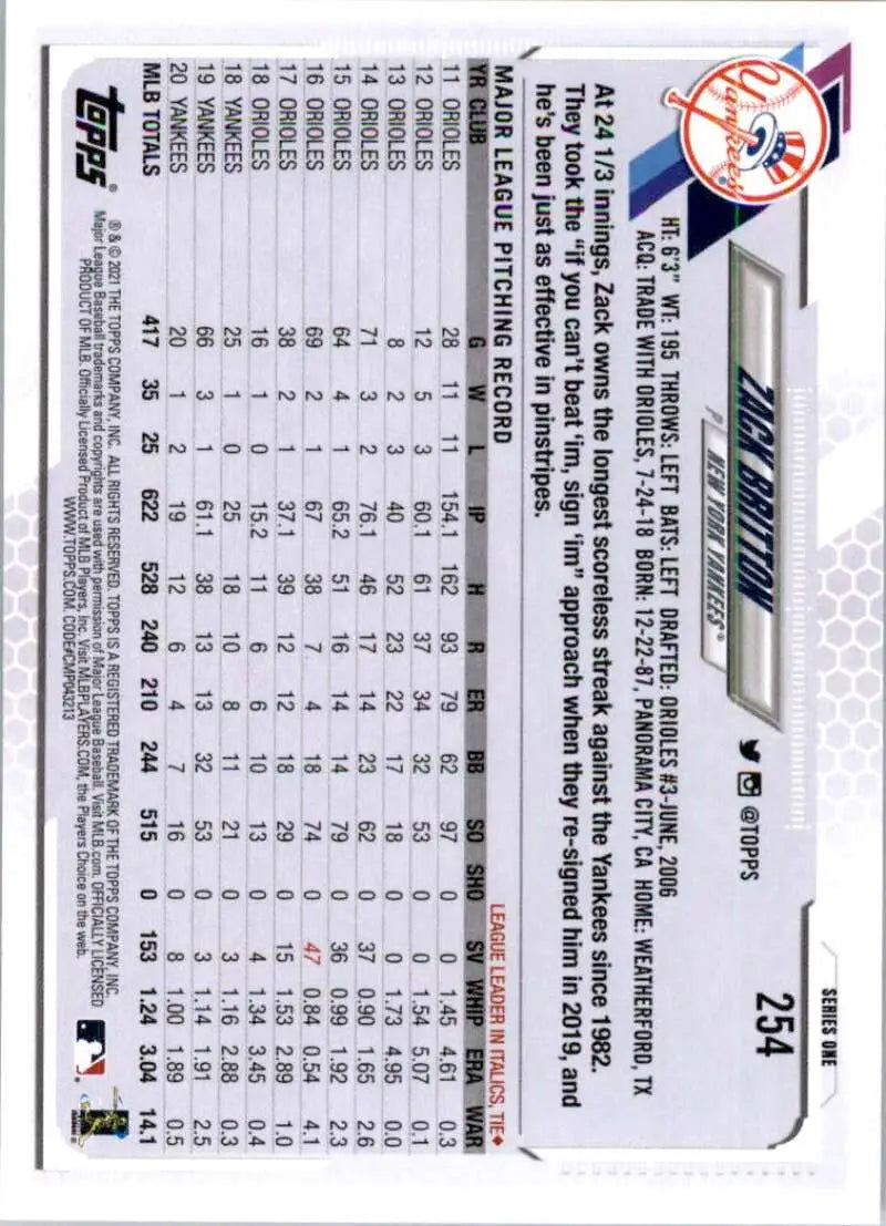 2021 Topps #254 Zack Britton NM-MT New York Yankees Baseball Card - Baseball Card Single