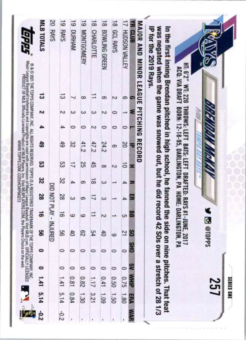 2021 Topps #257 Brendan McKay NM-MT Tampa Bay Rays Baseball Card - Baseball Card Single