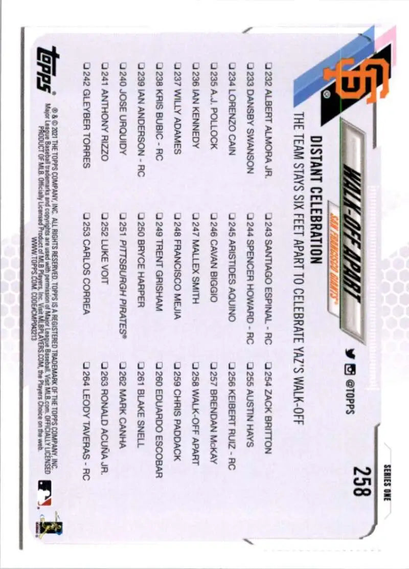 2021 Topps #258 Walk-Off Apart NM-MT San Francisco Giants Baseball Card - Baseball Card Single