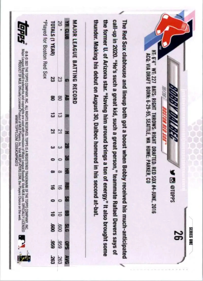 2021 Topps #26 Bobby Dalbec NM-MT RC Rookie Boston Red Sox Baseball Card - Baseball Card Single
