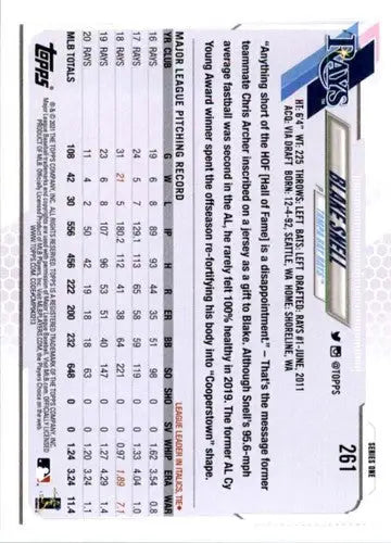 Original gloss baseball trading card featuring Blake Snell NM-MT with pitching record