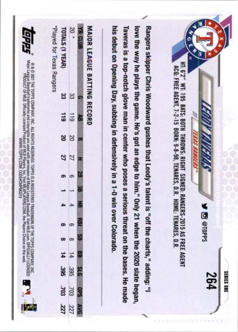 2021 Topps #264 Leody Taveras NM-MT RC Rookie Texas Rangers Baseball Card - Baseball Card Single