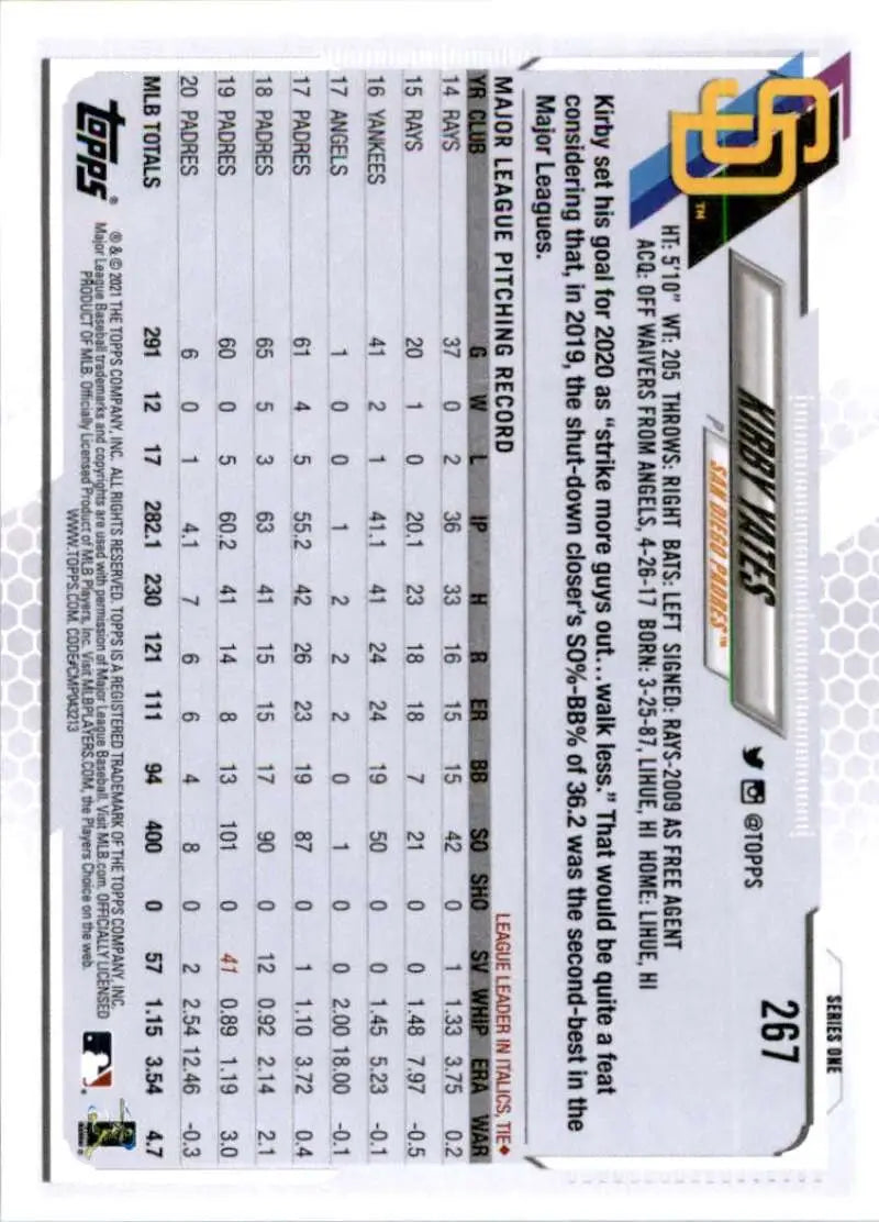 2021 Topps #267 Kirby Yates NM-MT San Diego Padres Baseball Card