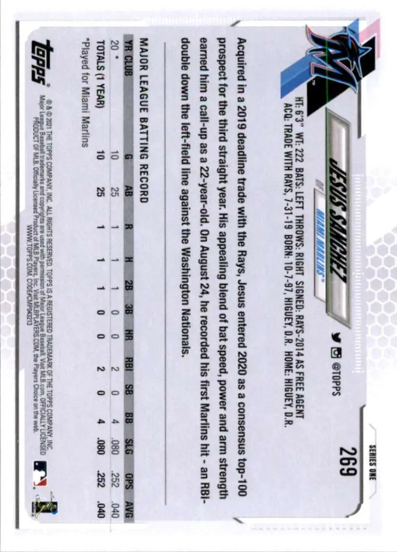 2021 Topps #269 Jesus Sanchez NM-MT RC Rookie Miami Marlins Baseball Card - Baseball Card Single