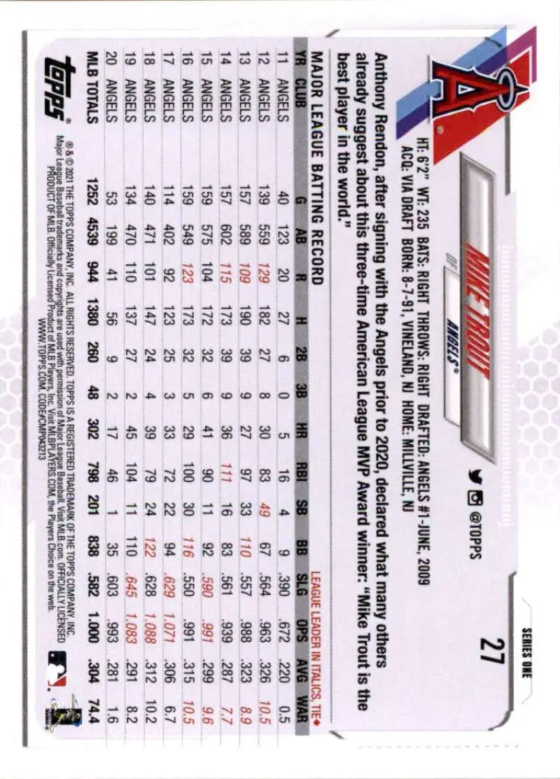 2021 Topps #27 Mike Trout NM-MT Los Angeles Angels Baseball Card - Baseball Card Single