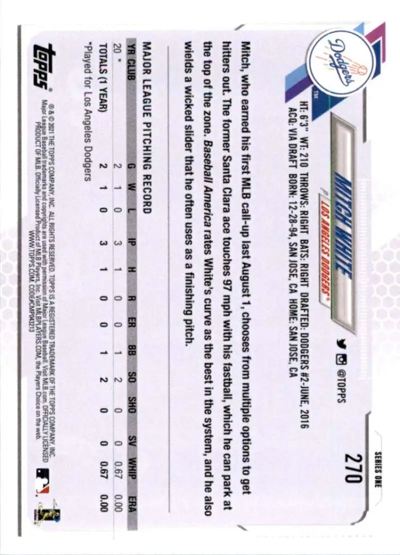 2021 Topps #270 Mitch White NM-MT RC Rookie Los Angeles Dodgers Baseball Card - Baseball Card Single