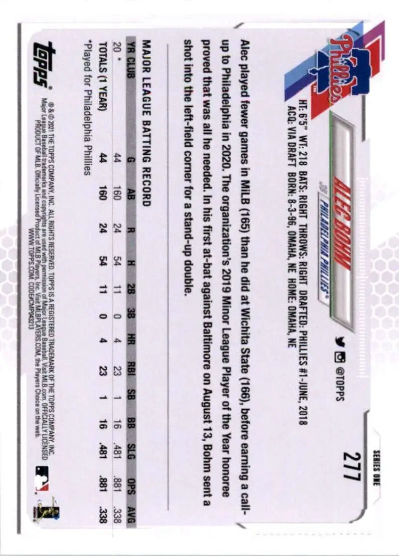 2021 Topps #277 Alec Bohm NM-MT RC Rookie Philadelphia Phillies Baseball Card