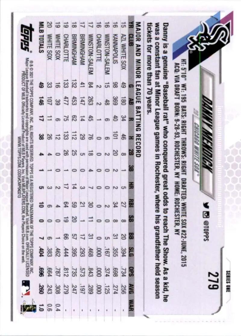 2021 Topps #279 Danny Mendick NM-MT Chicago White Sox Baseball Card - Baseball Card Single