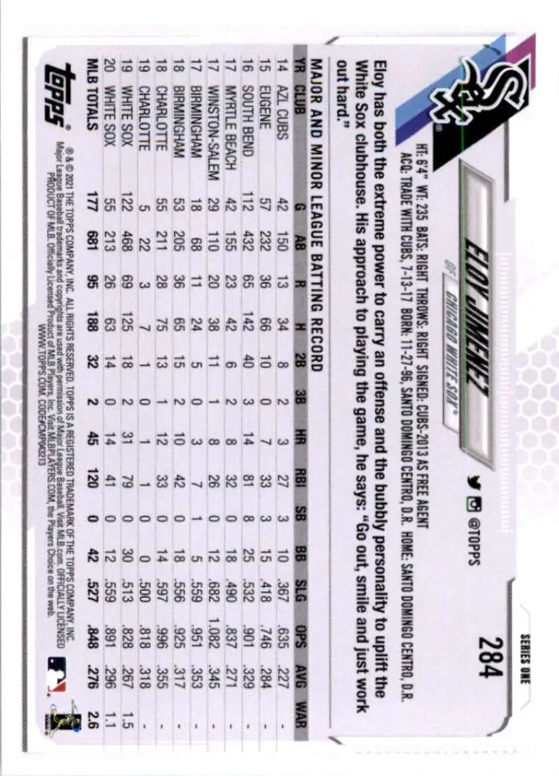 2021 Topps #284 Eloy Jimenez NM-MT Chicago White Sox Baseball Card - Baseball Card Single