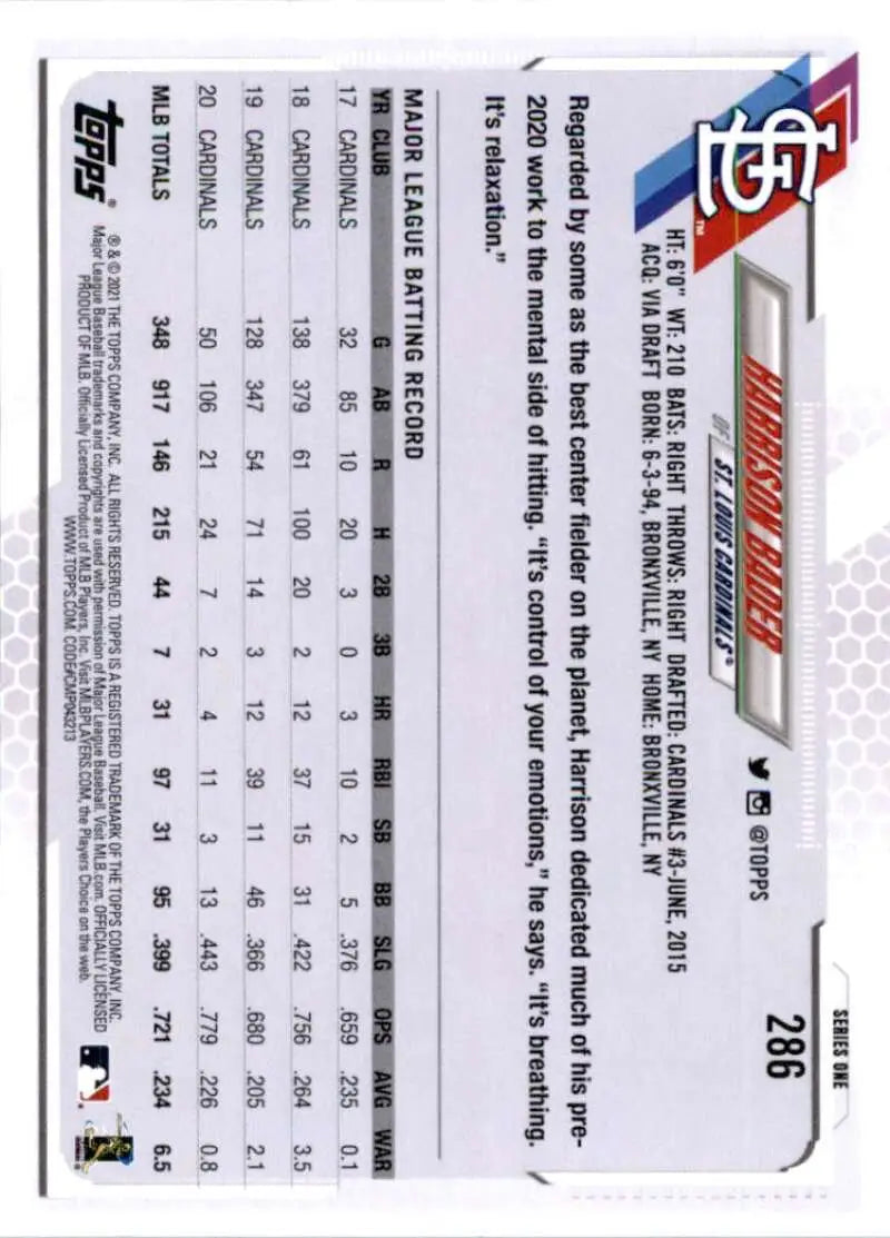 2021 Topps #286 Harrison Bader NM-MT St. Louis Cardinals Baseball Card - Baseball Card Single