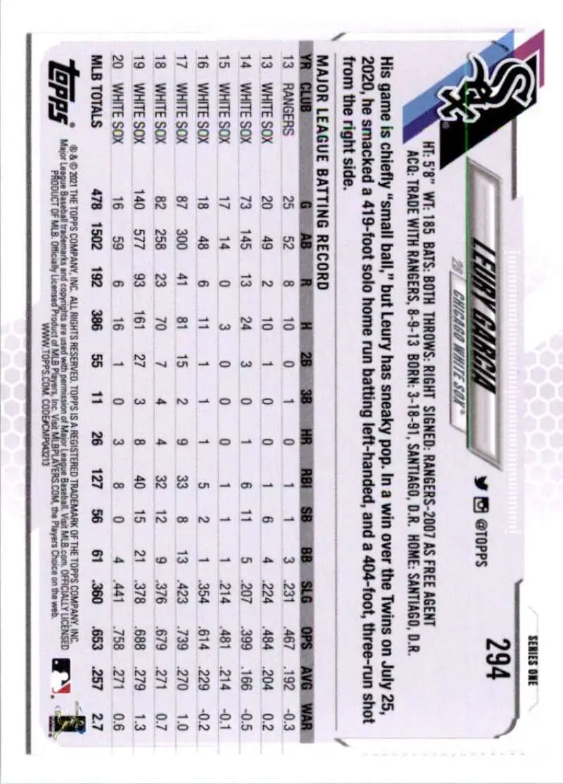 2021 Topps #294 Leury Garcia NM-MT Chicago White Sox Baseball Card - Baseball Card Single