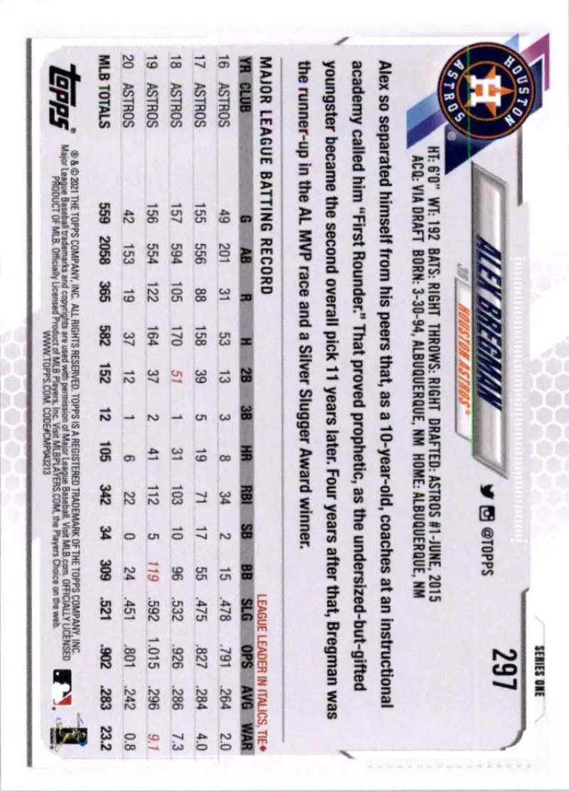 2021 Topps #297 Alex Bregman NM-MT Houston Astros Baseball Card - Baseball Card Single
