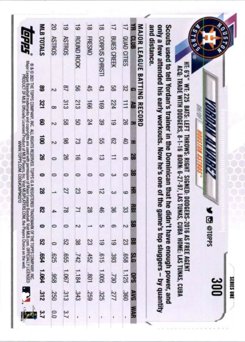 2021 Topps #300 Yordan Alvarez NM-MT Houston Astros Baseball Card - Baseball Card Single