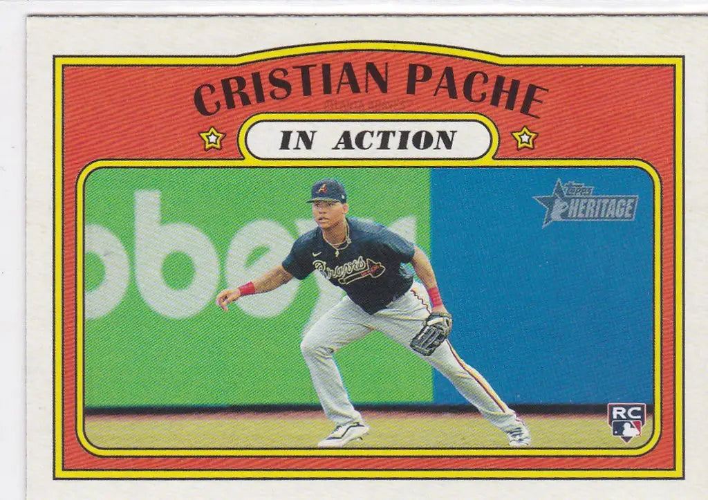 Baseball card of Cristian Pache in action RC Atlanta Braves fielding stance