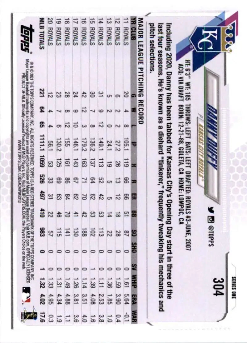 2021 Topps #304 Danny Duffy NM-MT Kansas City Royals Baseball Card - Baseball Card Single