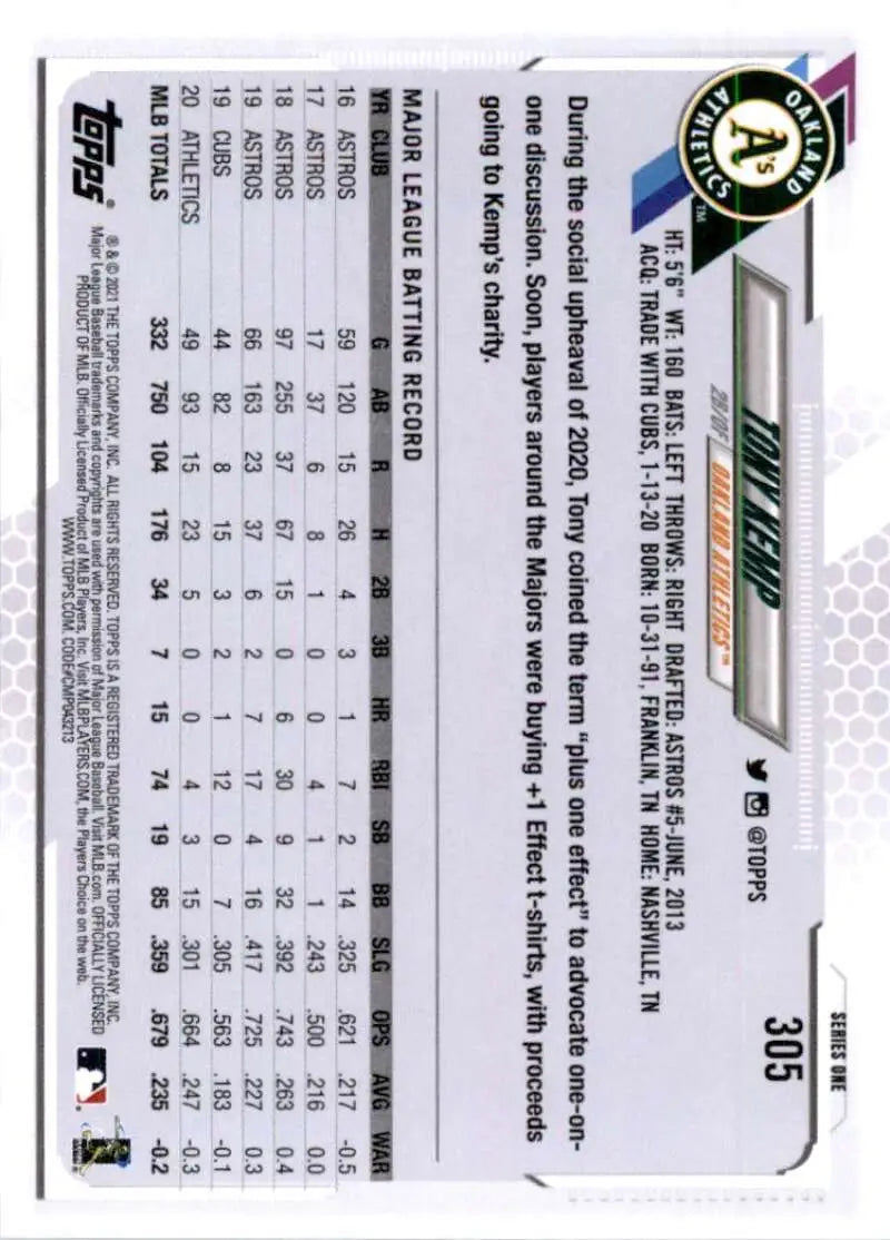 2021 Topps #305 Tony Kemp NM-MT Oakland Athletics Baseball Card - Baseball Card Single