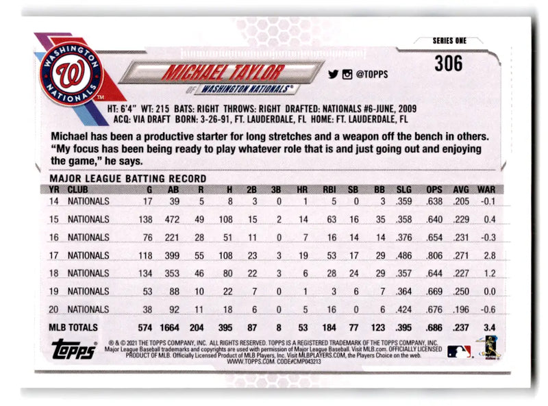 2021 Topps - #306 Michael Taylor Nationals - Baseball Card Single