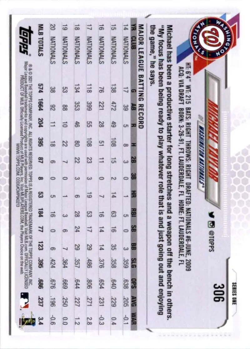 2021 Topps #306 Michael Taylor NM-MT Washington Nationals Baseball Card - Baseball Card Single