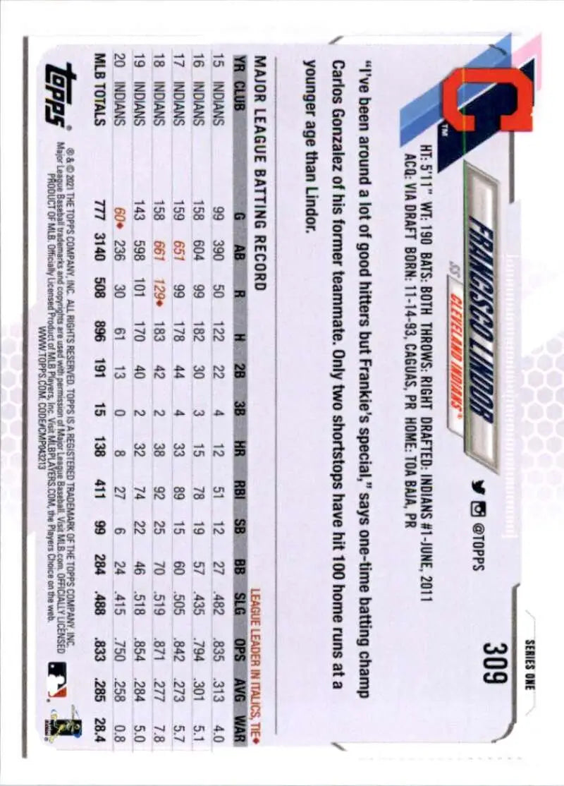 2021 Topps #309 Francisco Lindor NM-MT Cleveland Indians Baseball Card - Baseball Card Single