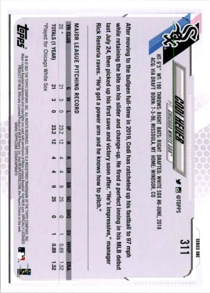 2021 Topps #311 Codi Heuer NM-MT RC Rookie Chicago White Sox Baseball Card - Baseball Card Single