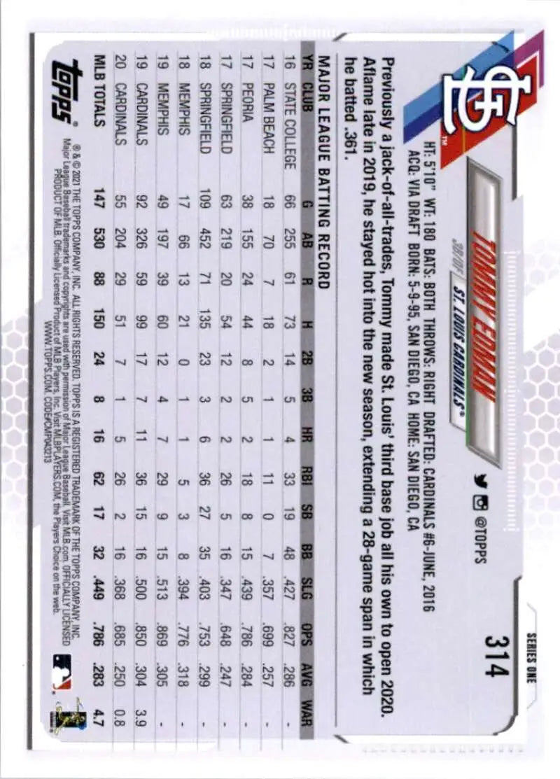 2021 Topps #314 Tommy Edman NM-MT St. Louis Cardinals Baseball Card - Baseball Card Single