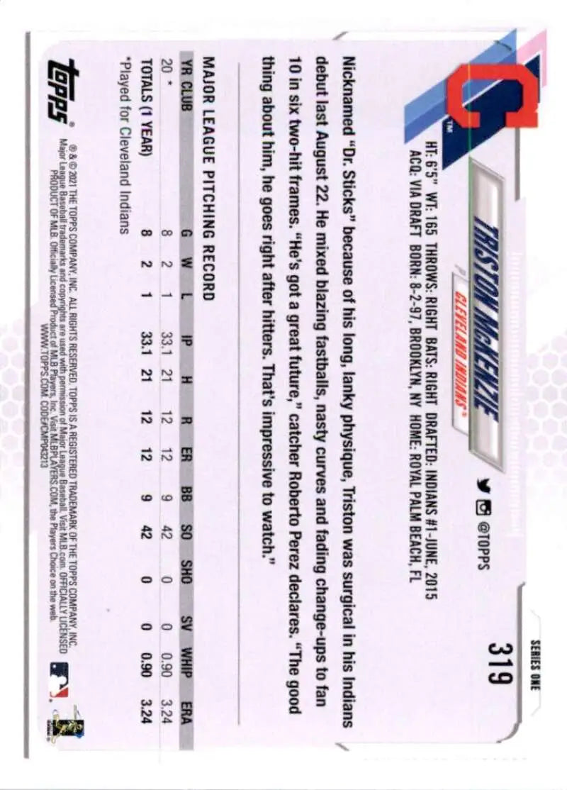 2021 Topps #319 Triston McKenzie NM-MT RC Rookie Cleveland Indians Baseball Card - Baseball Card Single