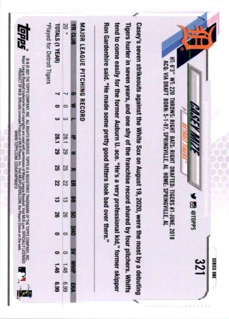 2021 Topps #321 Casey Mize NM-MT RC Rookie Detroit Tigers Baseball Card - Baseball Card Single