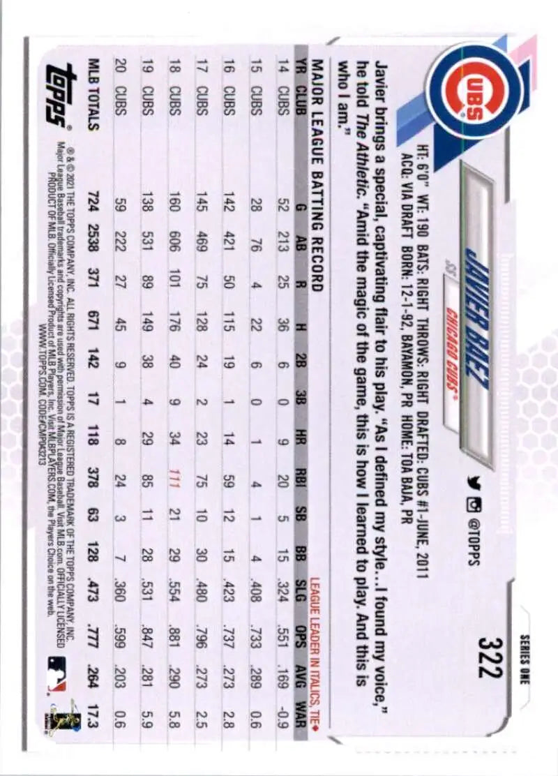 2021 Topps #322 Javier Baez NM-MT Chicago Cubs Baseball Card - Baseball Card Single