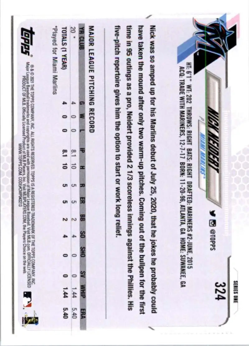 2021 Topps #324 Nick Neidert NM-MT RC Rookie Miami Marlins Baseball Card - Baseball Card Single