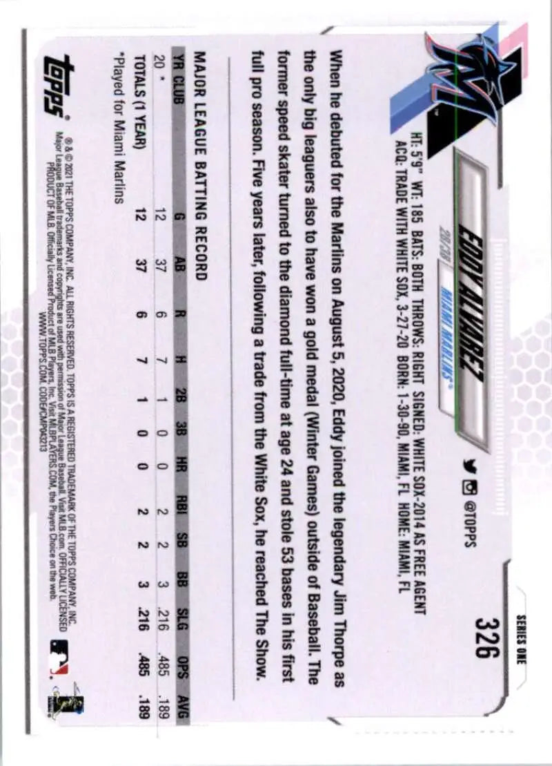 2021 Topps #326 Eddy Alvarez NM-MT RC Rookie Miami Marlins Baseball Card - Baseball Card Single