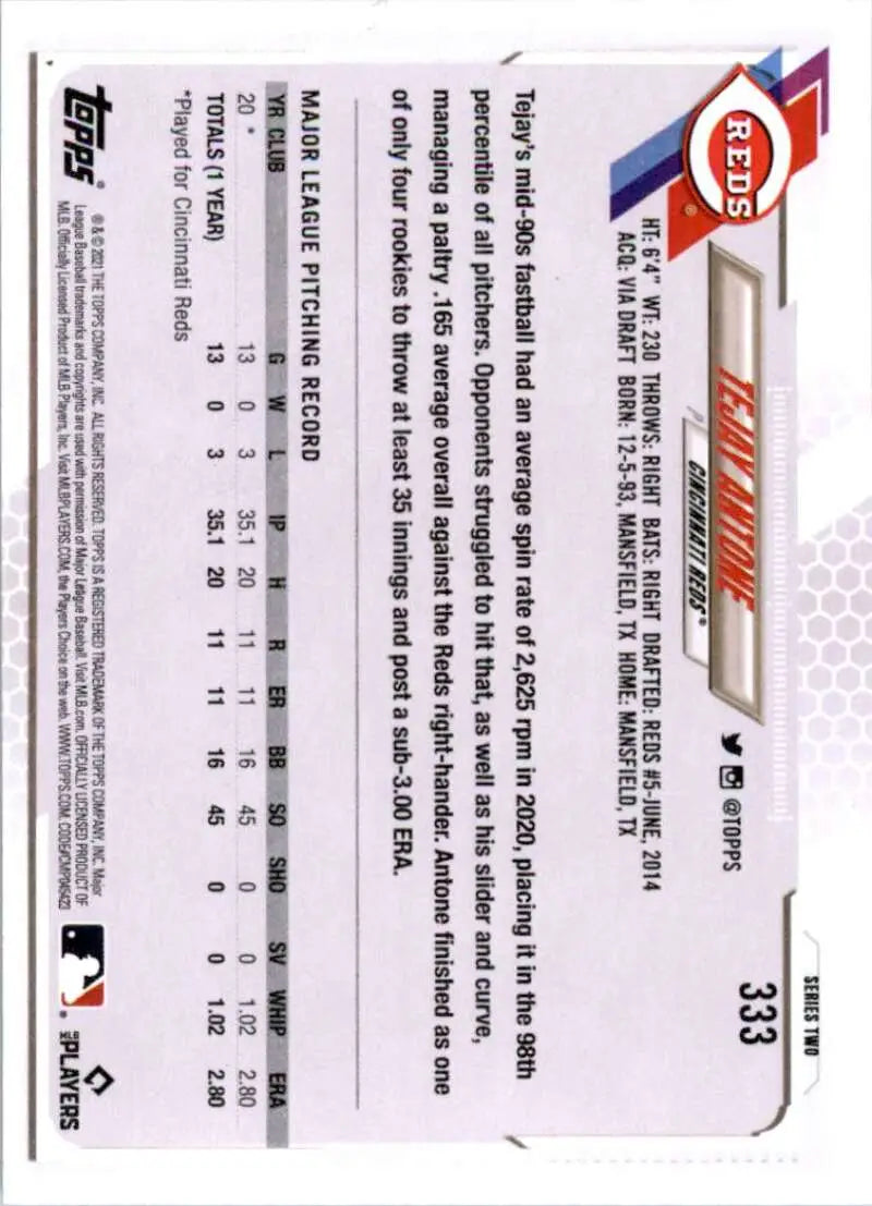 2021 Topps #333 Tejay Antone NM-MT RC Rookie Cincinnati Reds Baseball Card - Baseball Card Single